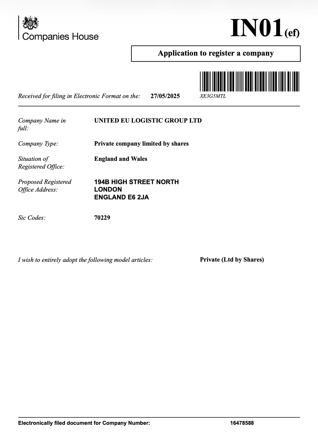 UNITED EU LOGISTIC GROUP LTDSic Codes: Private company limited by shares