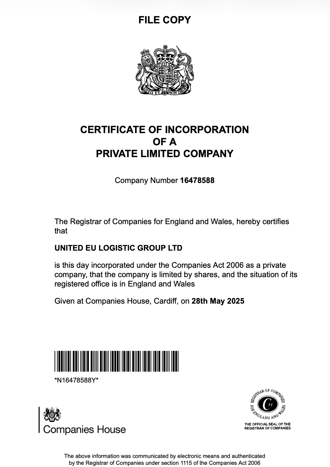 CERTIFICATE OF INCORPORATIONOF A PRIVATE LIMITED COMPANY Company Number 16478588
